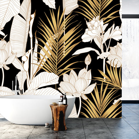 Tropical Exotic Floral Line Golden Palm Leaves and Flowers Seamless Pattern Wallpaper Bathroom Mural