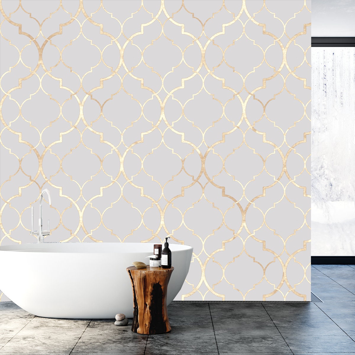 Vintage Decorative Moroccan Texture with Gold Line. Hand Drawn Light Gray Golden Background Wallpaper Bathroom Mural