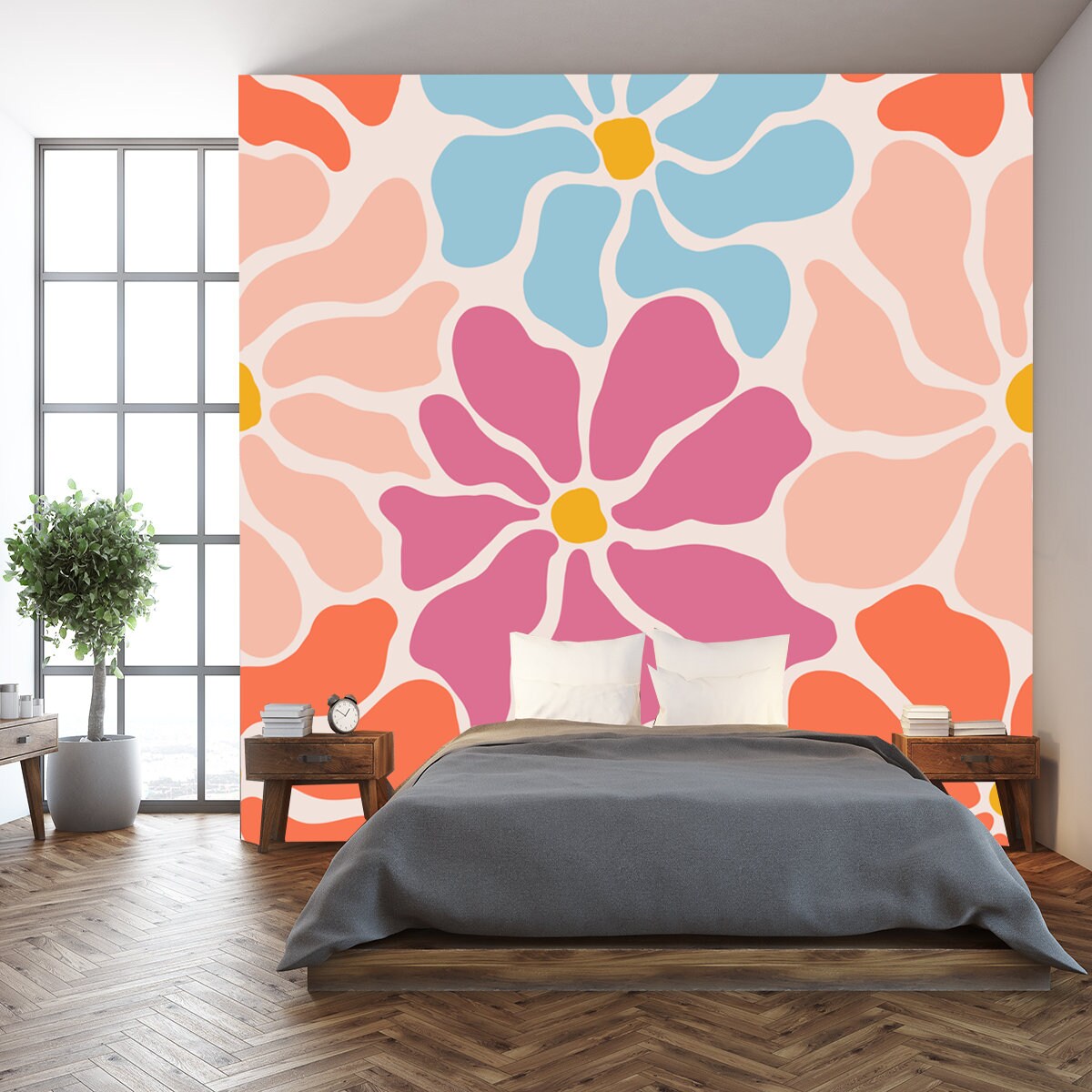 Floral Seamless Pattern in a Minimalist Style Wallpaper Bedroom Mural