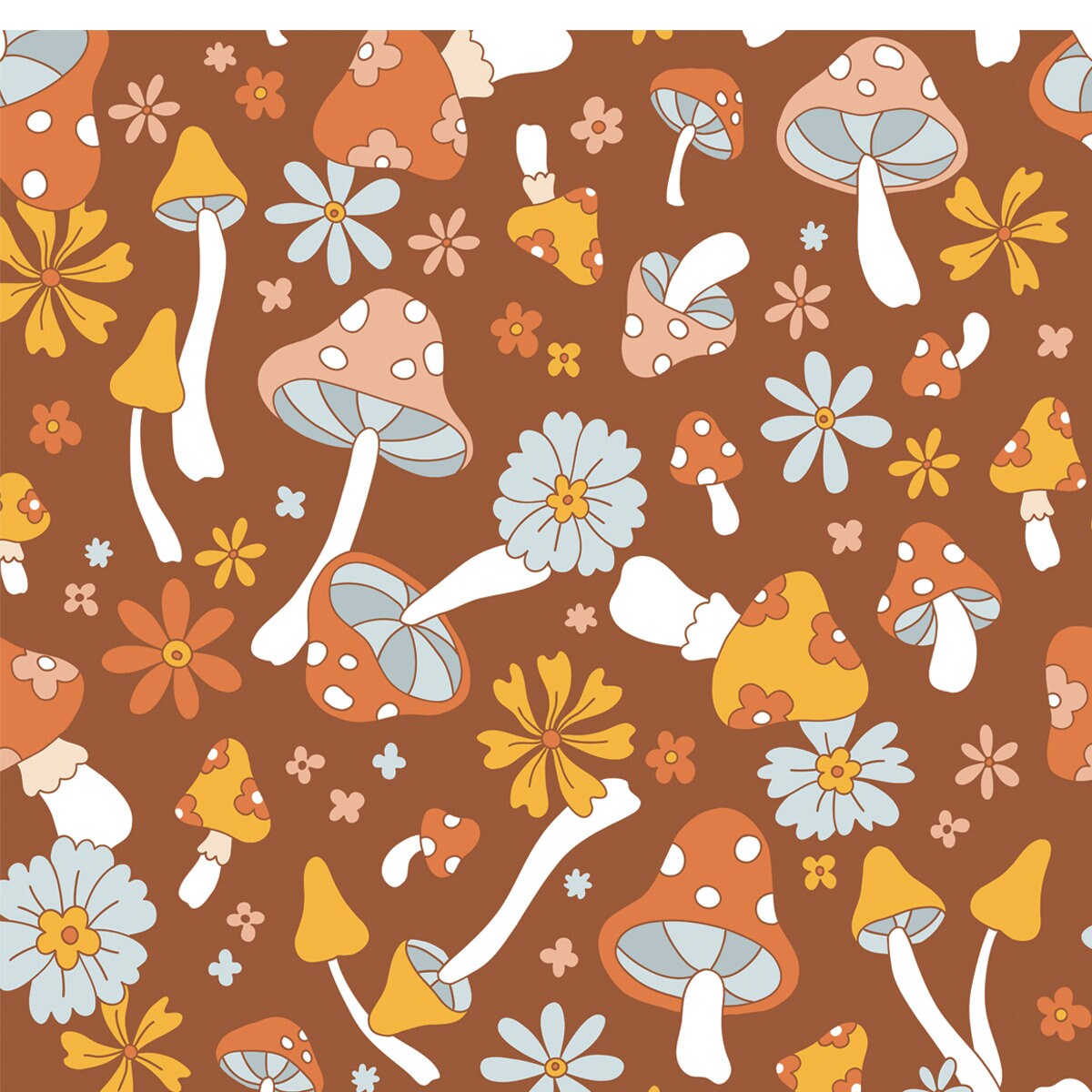 Retro 70s 60s Floral Hippie Mushrooms Summer Groovy Flower Power Vector Seamless Pattern Wallpaper Teen Bedroom Mural