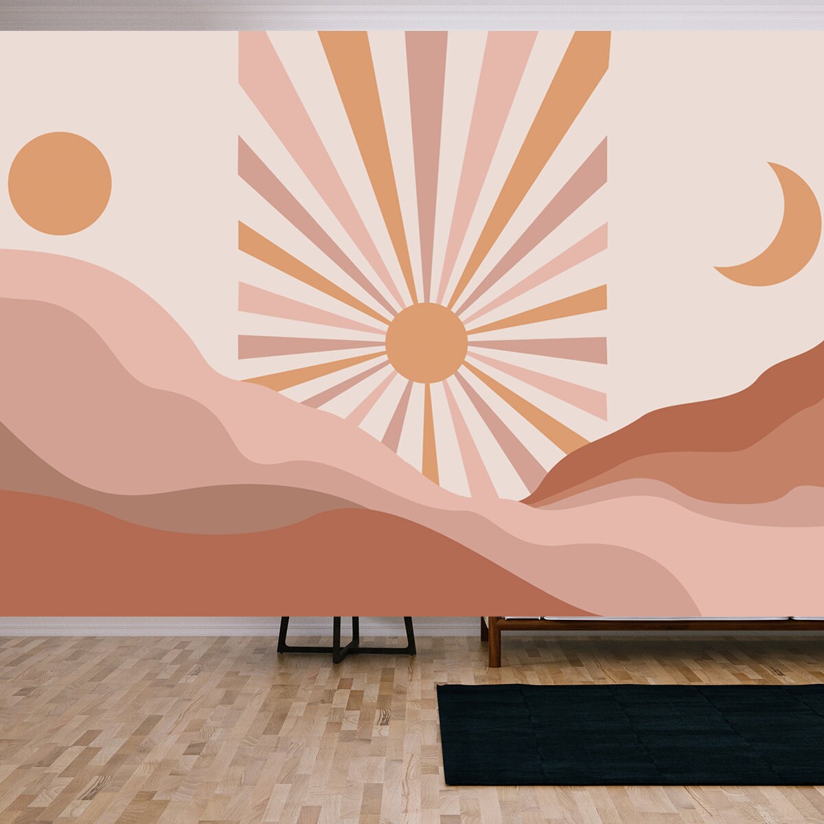 Sun and Moon Set of 3 Wall Art, Neutral Boho Landscape Wallpaper Living Room Mural