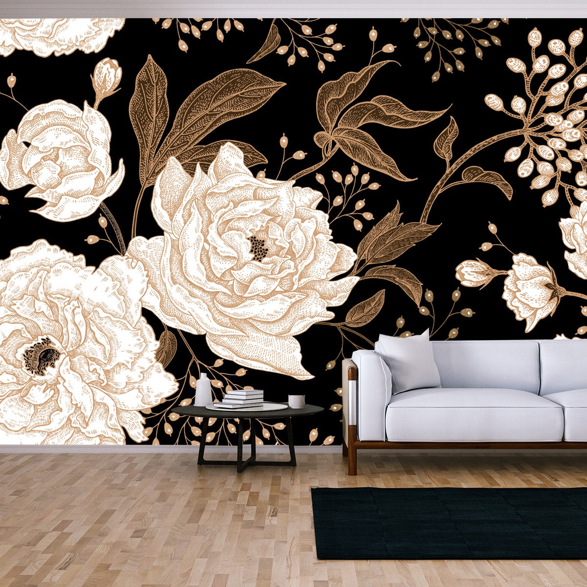 Peonies and Roses. Floral Vintage Seamless Pattern. Gold and White Flowers, Leaves, Branches and Berries Wallpaper Living Room Mural