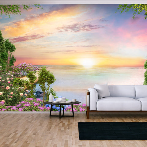 Flowers by the Lake, a Beautiful Garden, a Bright Sunset on the Lake Wallpaper Living Room Mural