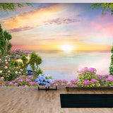 Flowers by the Lake, a Beautiful Garden, a Bright Sunset on the Lake Wallpaper Living Room Mural