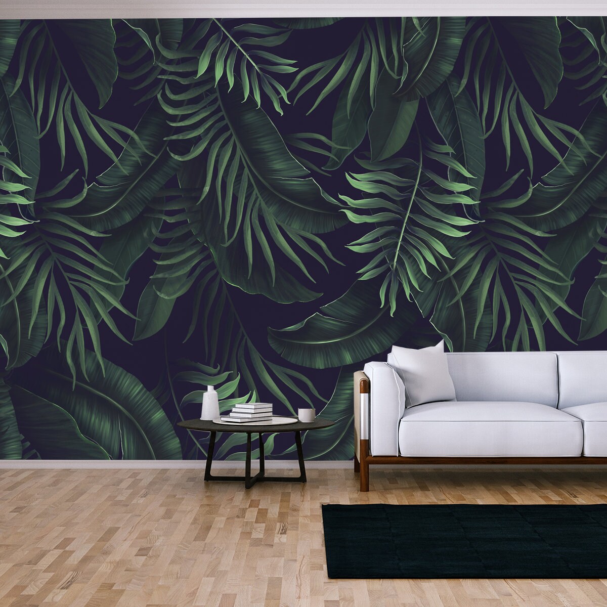 Dark Wallpaper with Tropical Leaves. Palm Leaves, Banana Leaves, Dark Background Wallpaper Living Room Mural