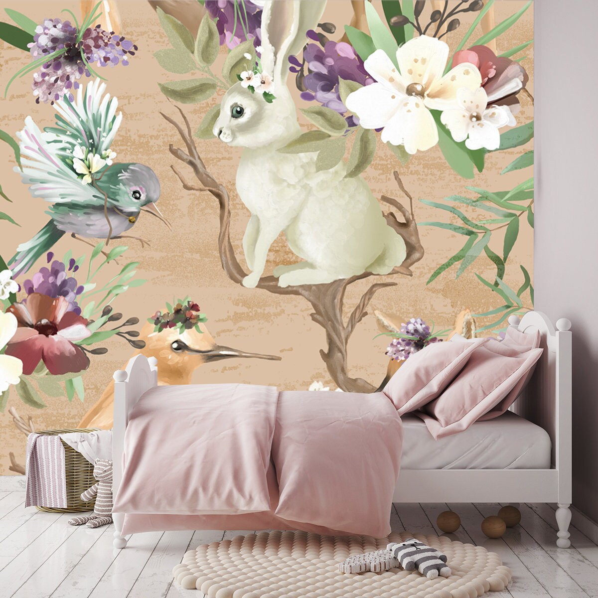 Beautiful, Vintage, Enchanted Woodland, Forest Animals and Birds with Flowers Wallpaper Girl Bedroom Mural