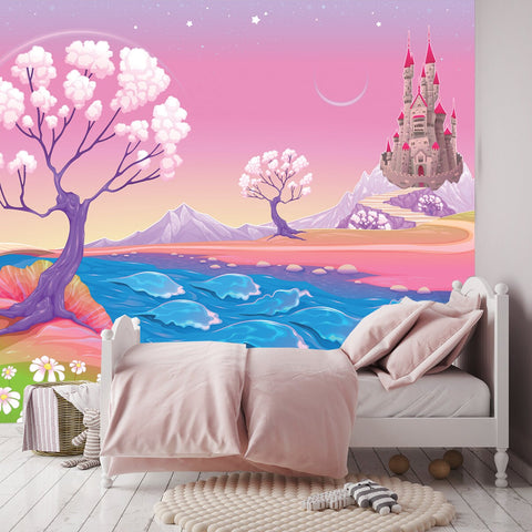 Fantasy Landscape with Castle. Cartoon Vector Illustration Wallpaper Little Girls Bedroom Mural