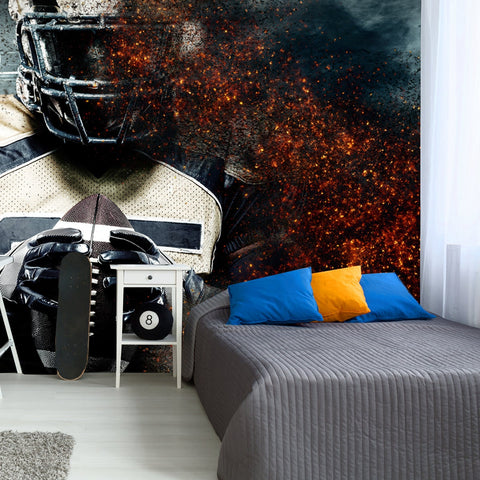 American Football Player, Athlete in Helmet on Stadium in Fire Wallpaper Boys Bedroom Mural