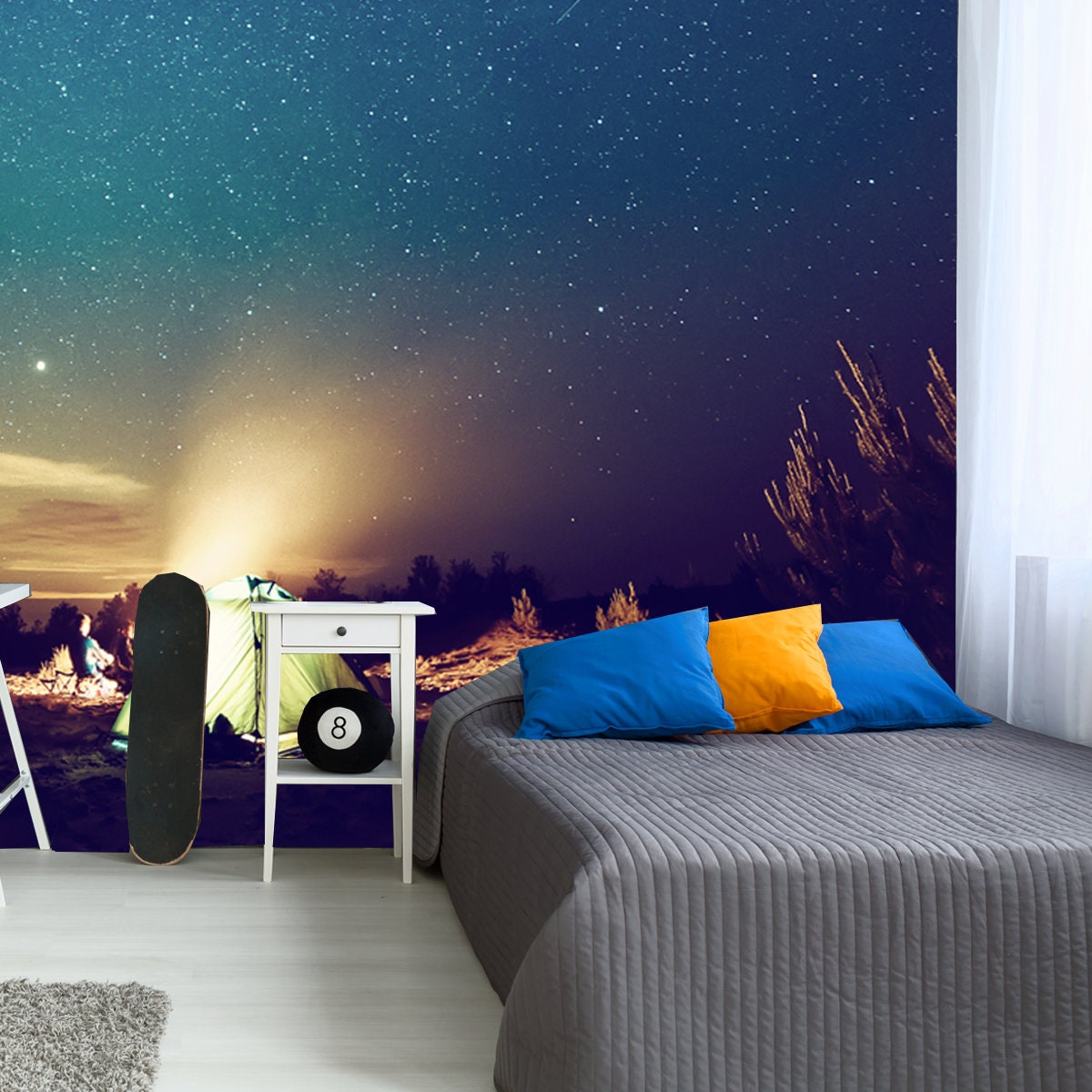 Camping Fire Under the Amazing Blue Starry Sky Wallpaper Boy Bedroom Mural