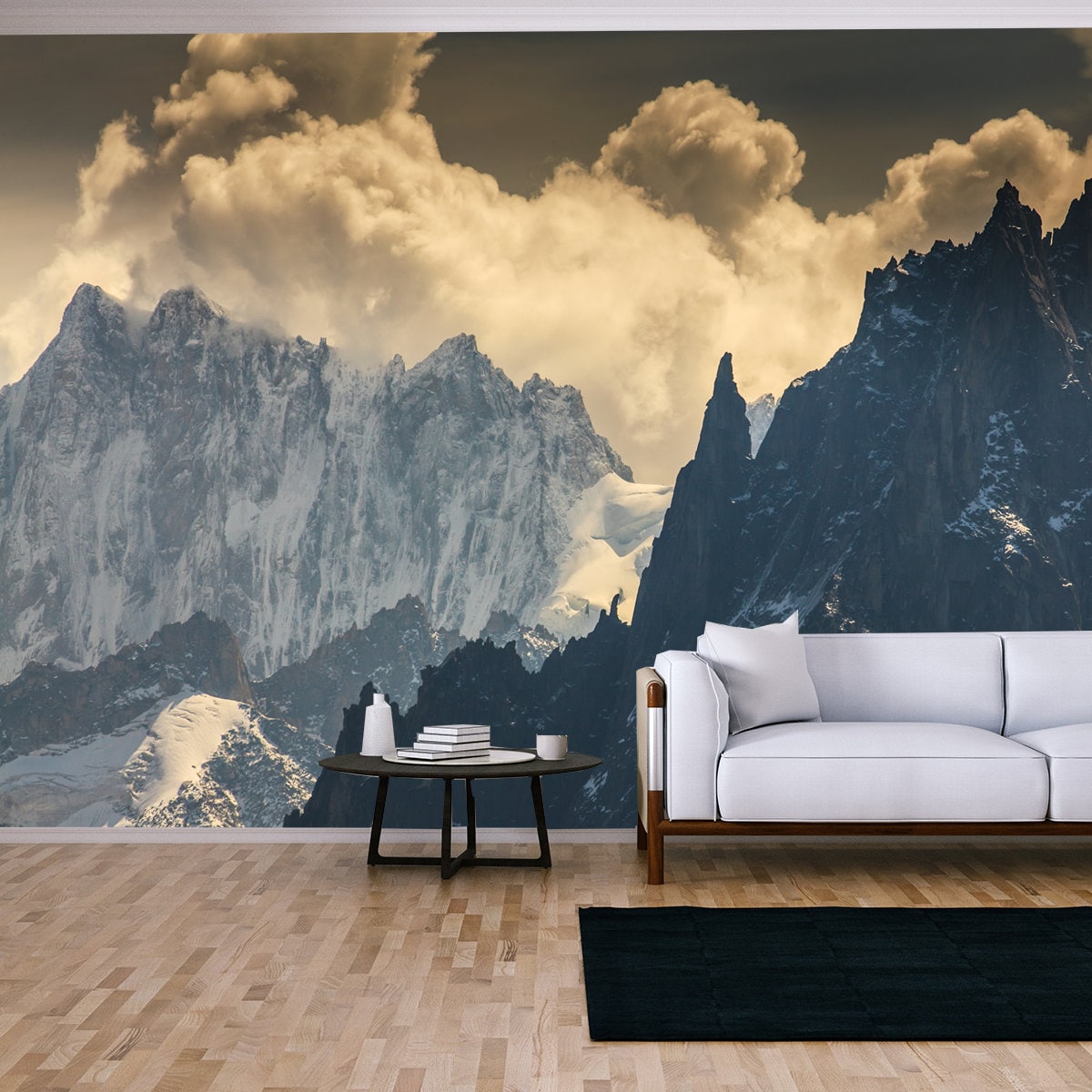 Snow Covered Peaks and Rocky Cliffs in the Alps in Summer Wallpaper Living Room Mural