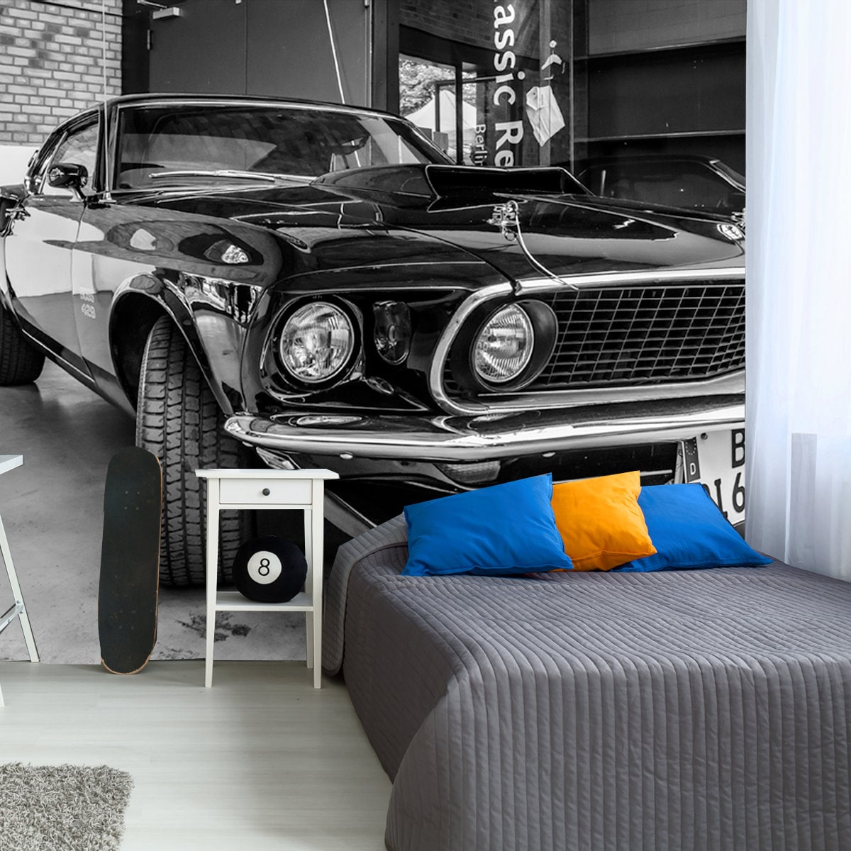 BERLIN, GERMANY - MAY 17, 2014: Muscle Car Ford Mustang Boss 429 Fastback (1969). Black and White Wallpaper Boy Bedroom Mural