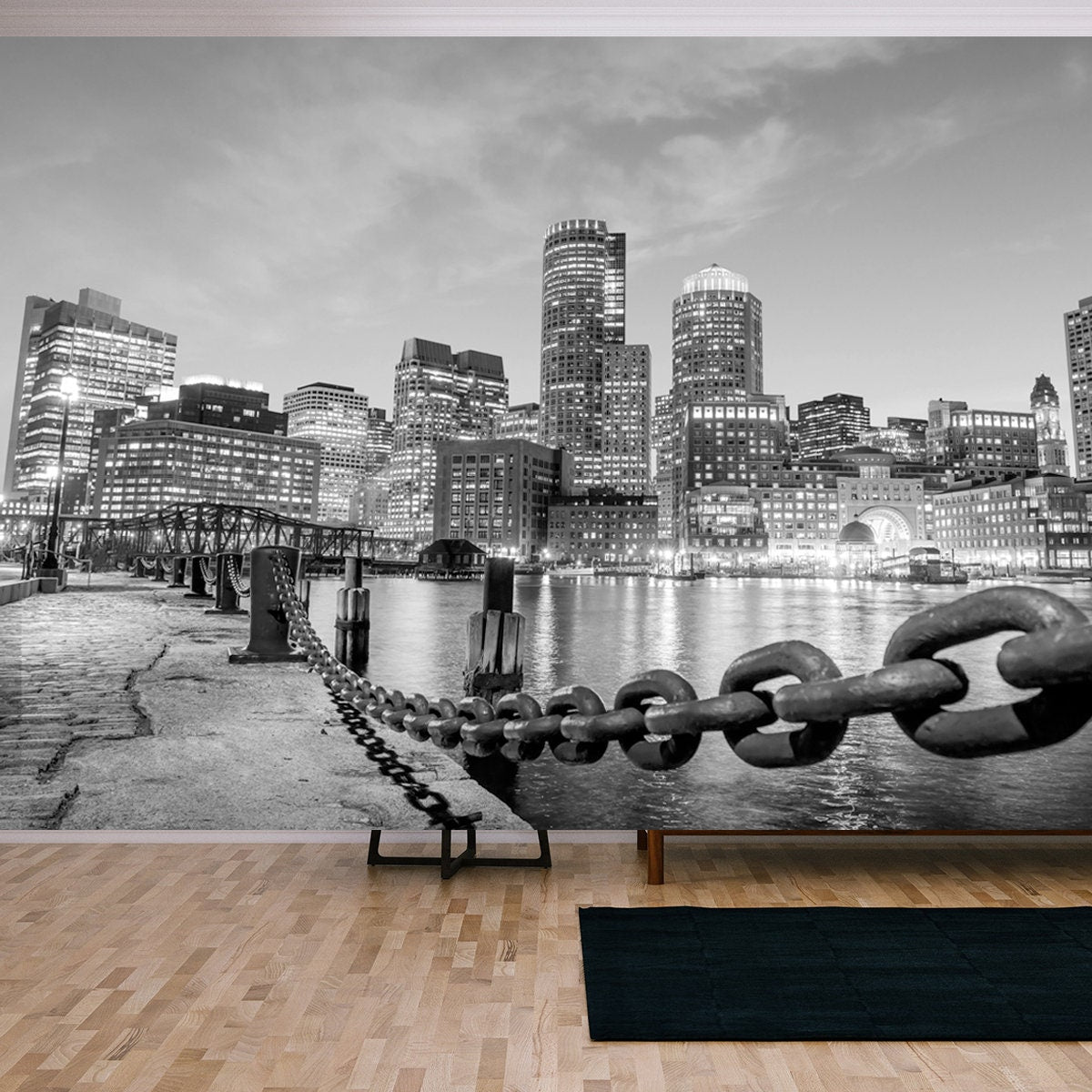 Boston Harbor and Financial District at Twilight, Massachusetts Wallpaper Living Room Mural