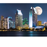 Downtown Cityscape with Buildings Reflecting, City of San Diego, California USA and Moon Wallpaper Living Room Mural