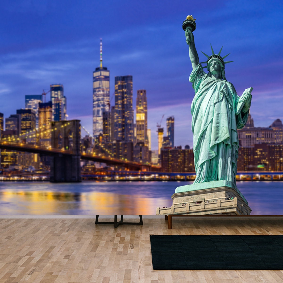 Statue of Liberty Brooklyn Bridge with Lower Manhattan Skyscrapers Building for New York City Wallpaper Living Room Mural