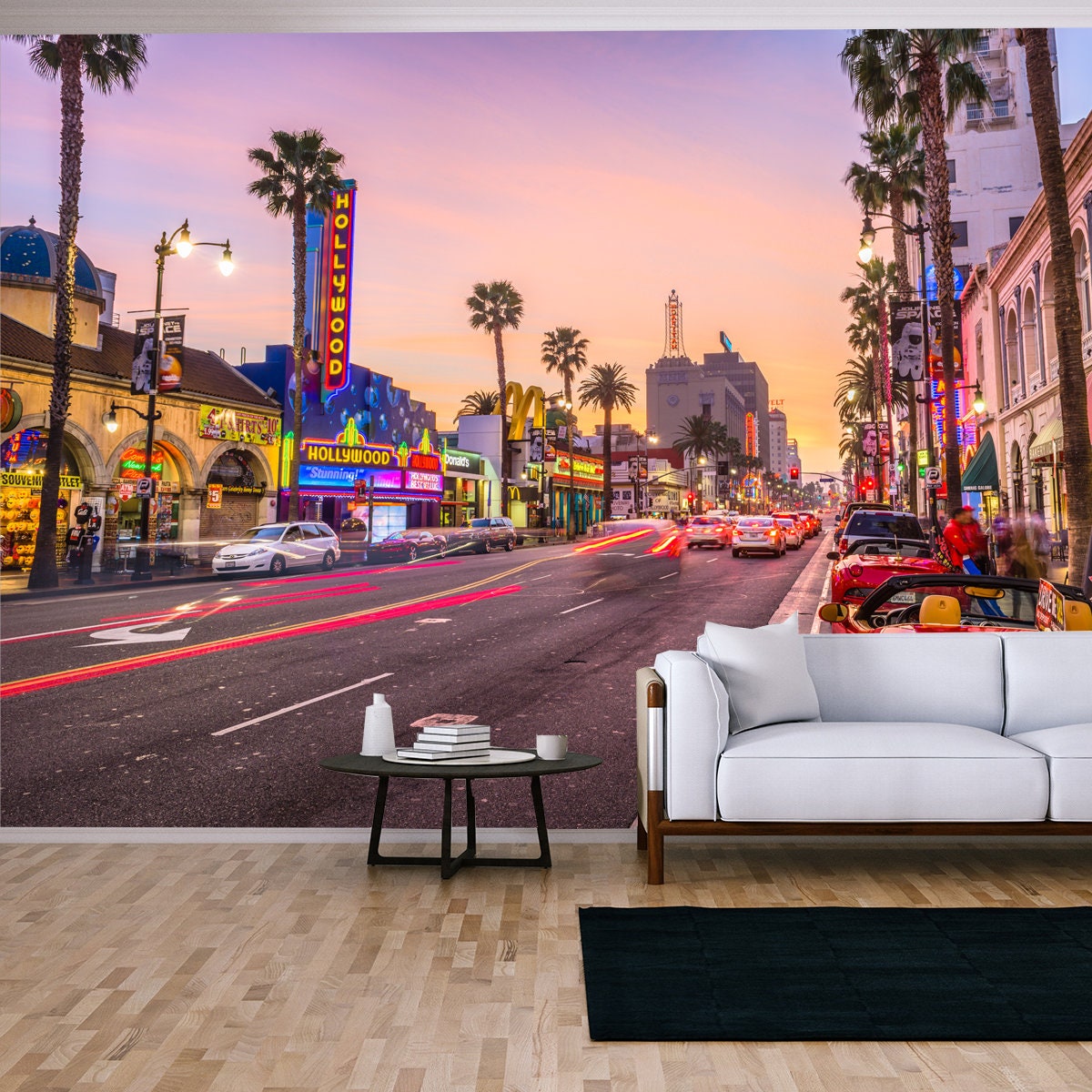 Los Angeles, California Traffic on Hollywood Boulevard at Dusk Wallpaper Living Room Mural