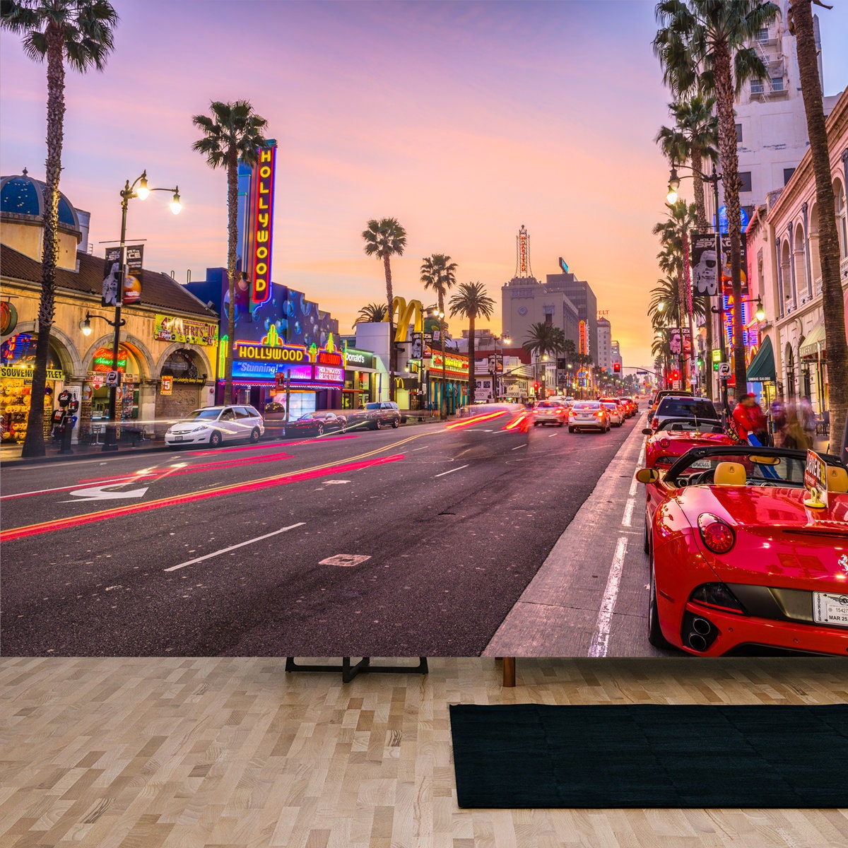 Los Angeles, California Traffic on Hollywood Boulevard at Dusk Wallpaper Living Room Mural