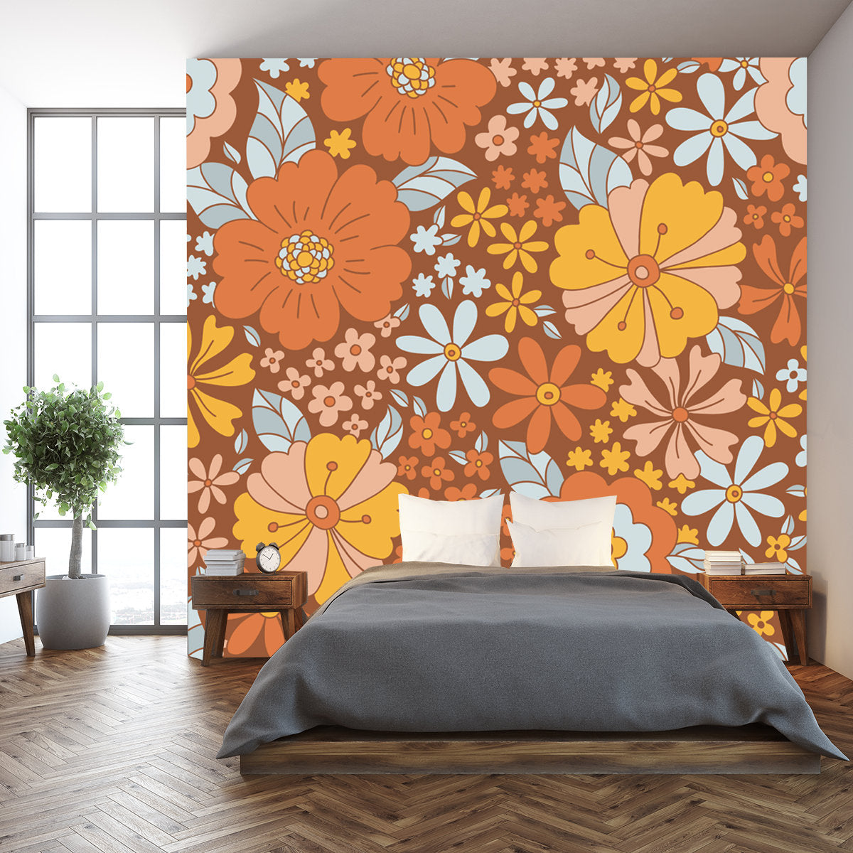 Retro 70s 60s Floral Hippie Summer Groovy Flower Power Flower Child Vector Seamless Pattern Wallpaper Bedroom Mural