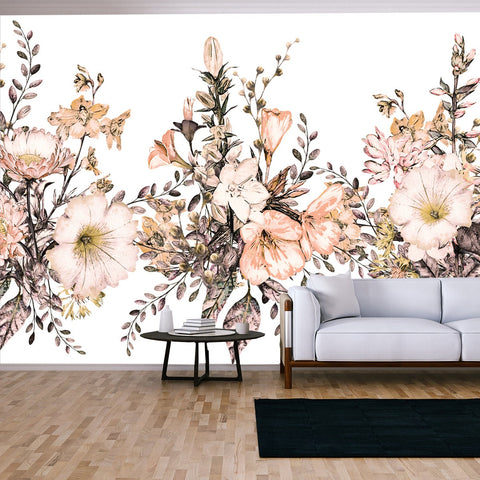 Border with Herbs and Wildflowers and Leaves. Botanical Illustration on White Background Wallpaper Living Room Mural