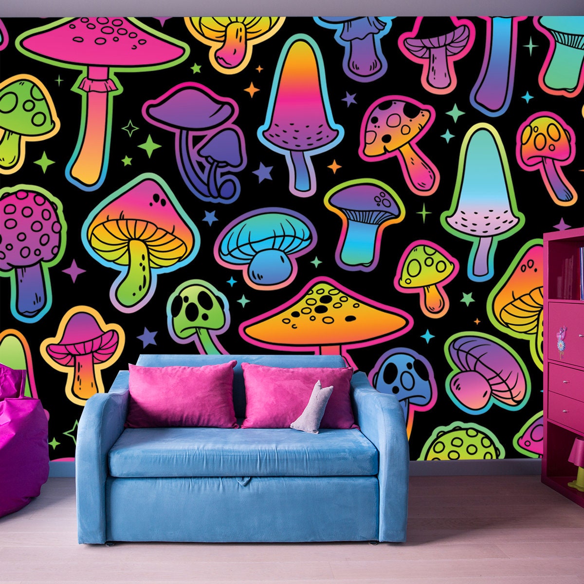 Colorful Illustration with Mushrooms, Bright Psychedelic Colors Wallpaper Girl Bedroom Mural