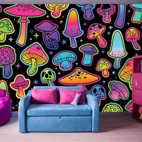 Colorful Illustration with Mushrooms, Bright Psychedelic Colors Wallpaper Girl Bedroom Mural