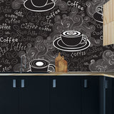 Various Coffee Cups and Words "Coffee" Handwritten by Chalk on Black Board Wallpaper Kitchen Mural