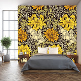 Floral Seamless Pattern with Big Golden Flowers and Foliage on Dark Background Wallpaper Bedroom Mural