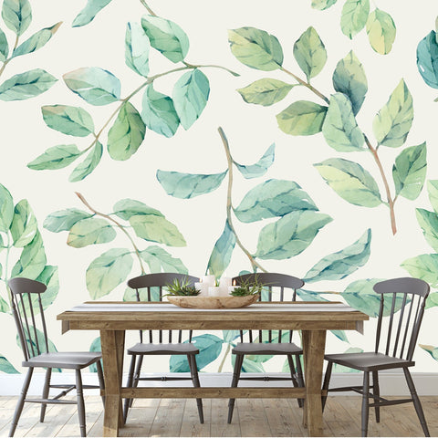 Seamless Pattern of Delicate Twigs with Green Leaves on a Light Beige Background. Hand-Drawn in Watercolor Wallpaper Dining Room Mural