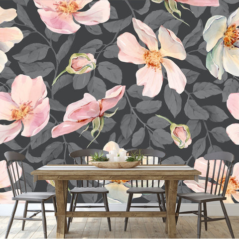 Pattern of Beautiful Pink Flowers and Buds, on a Background of Gray Twigs with Leaves Wallpaper Dining Room Mural