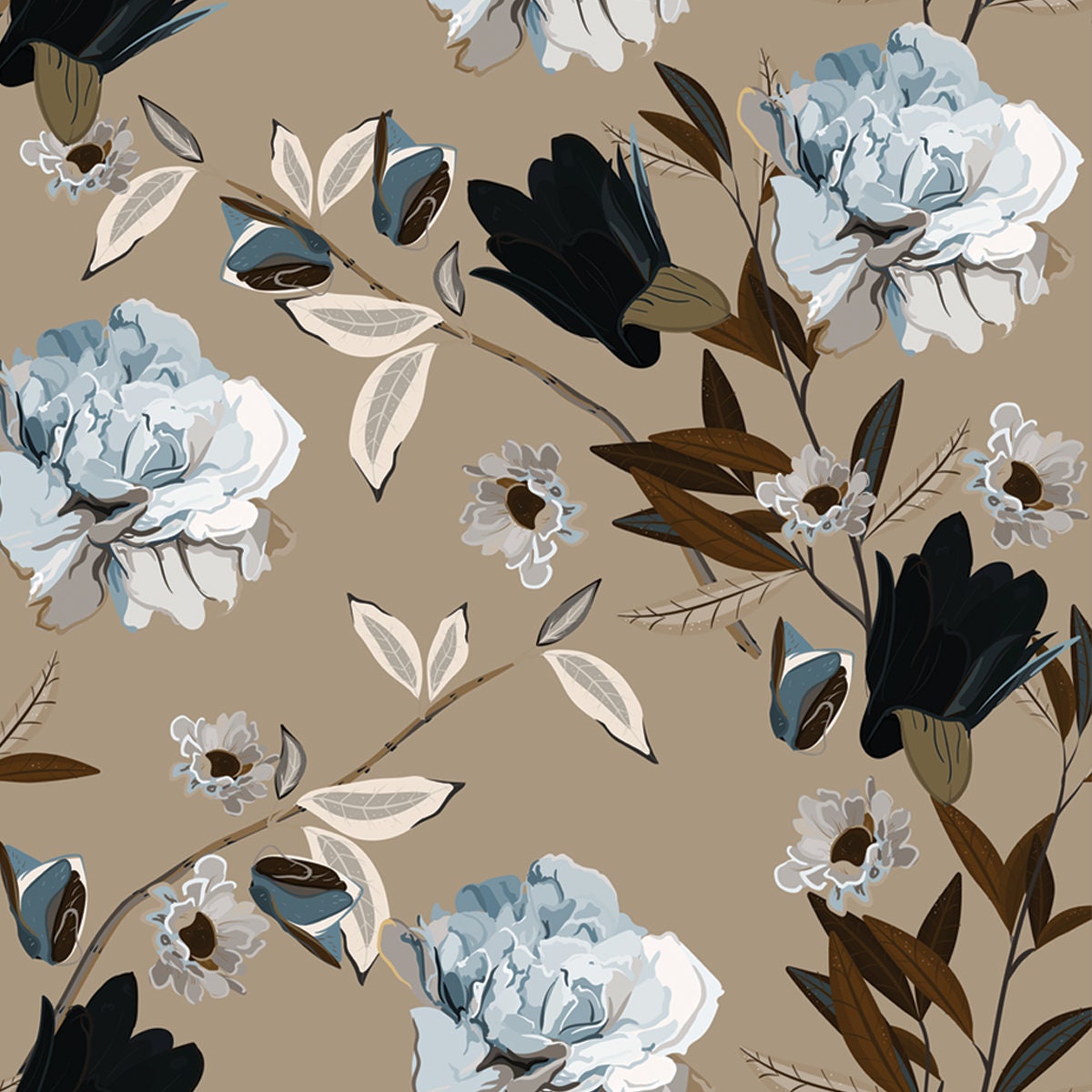 Bouquet of Delicate Light Blue Rose Flowers and Leaves on a Beige, Tan Color Background Wallpaper Dining Room Mural