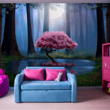 Pink Tree and Pond in the Forest at Night Wallpaper Girl Bedroom Mural