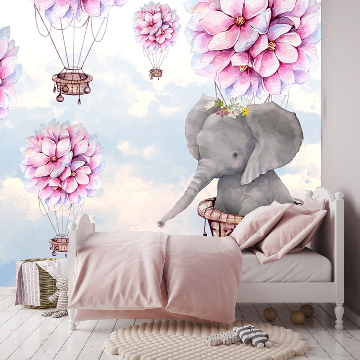 Big Elephant with Hot Air Balloon Flowers on Sky Watercolor Wallpaper Girls Bedroom Mural