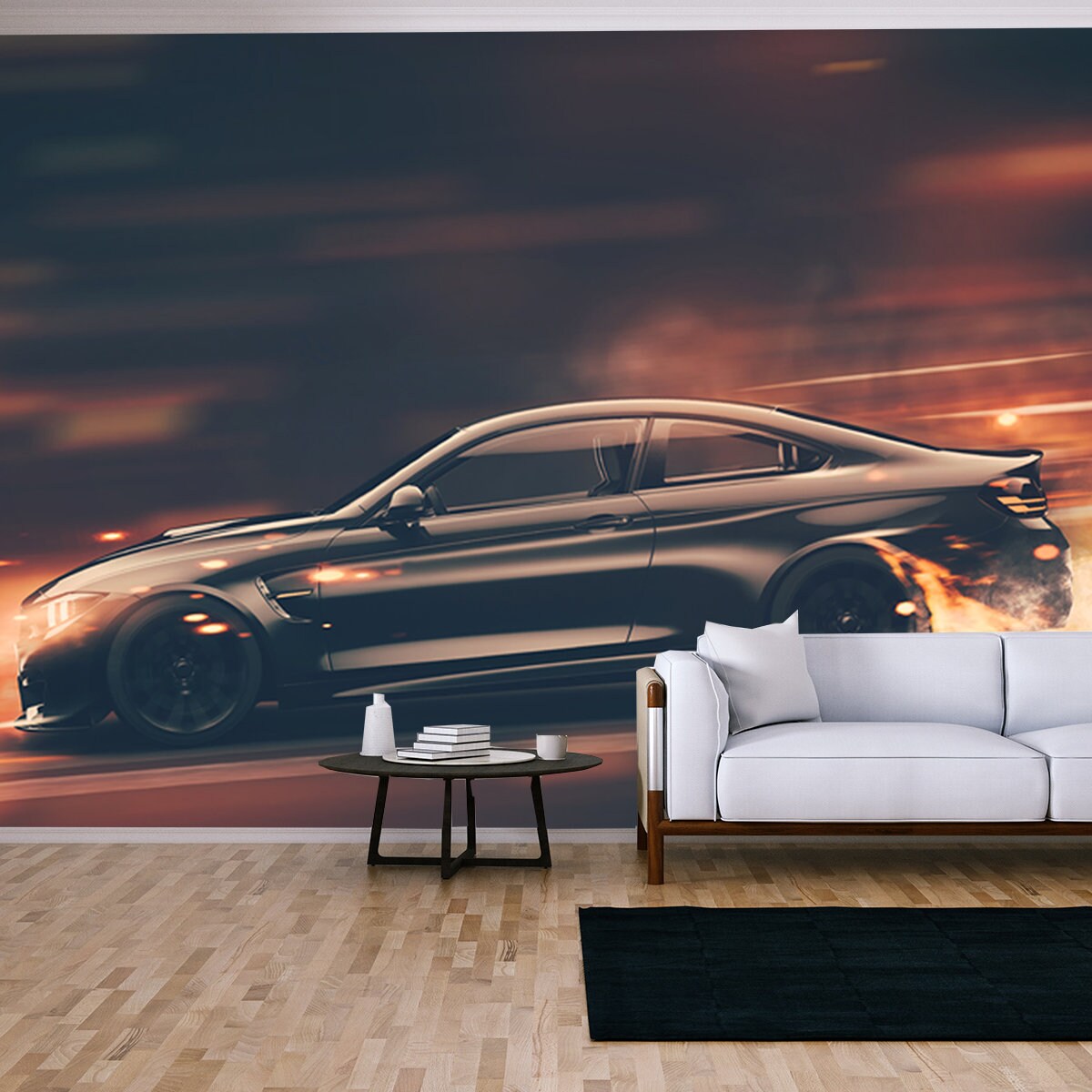 High Speed Black Sports Car - Street Racer Concept Wallpaper Living Room Mural