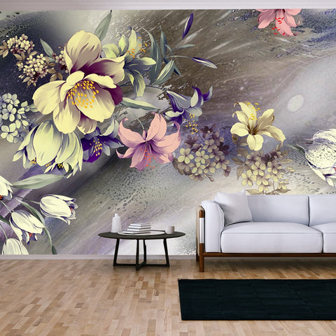 Abstract Background, Halftone Flowers Bouquet, Floral Illustration Wallpaper Living Room Mural