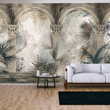 Drawn Tropical, Exotic Plants and Leaves Among the Columns Wallpaper Living Room Mural