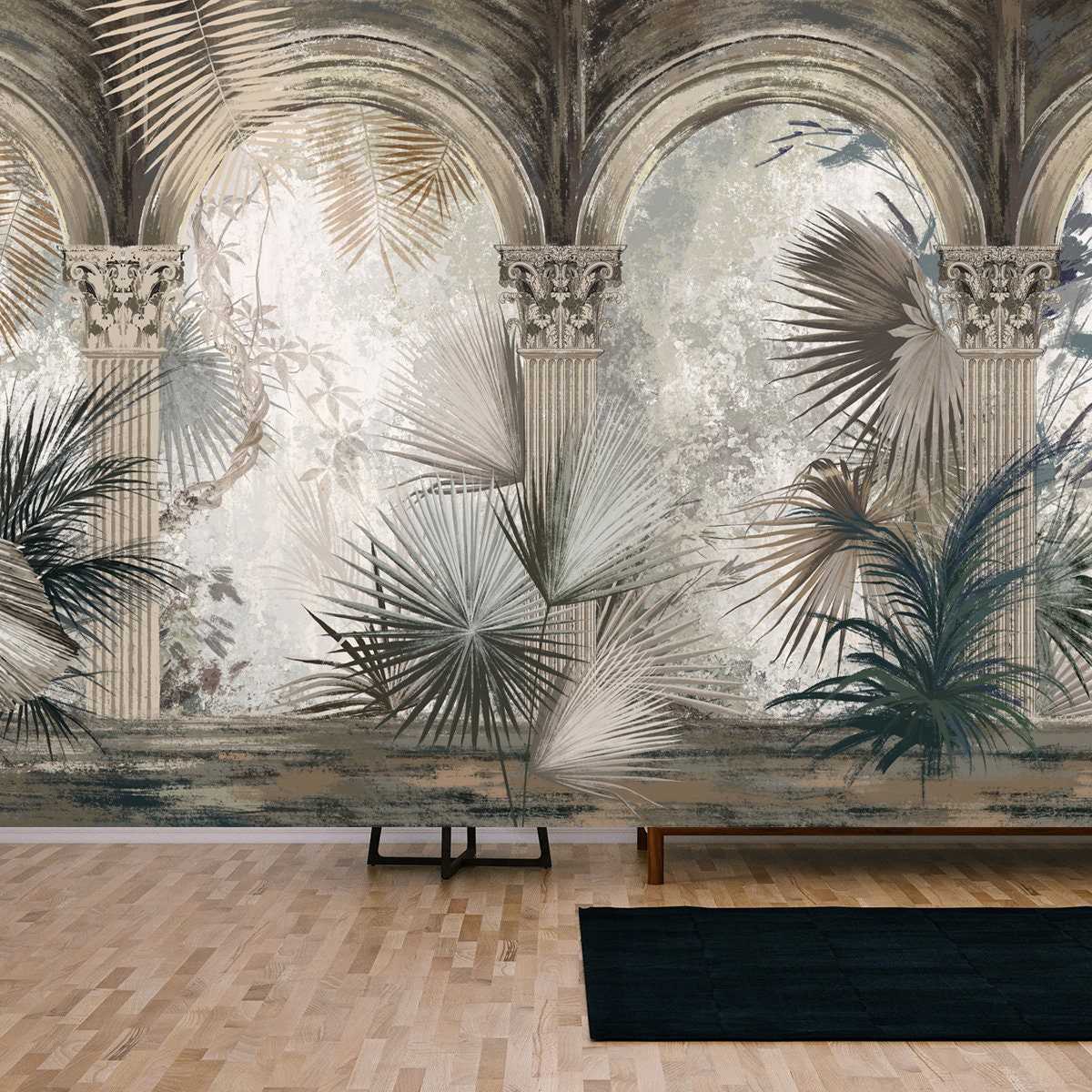 Drawn Tropical, Exotic Plants and Leaves Among the Columns Wallpaper Living Room Mural