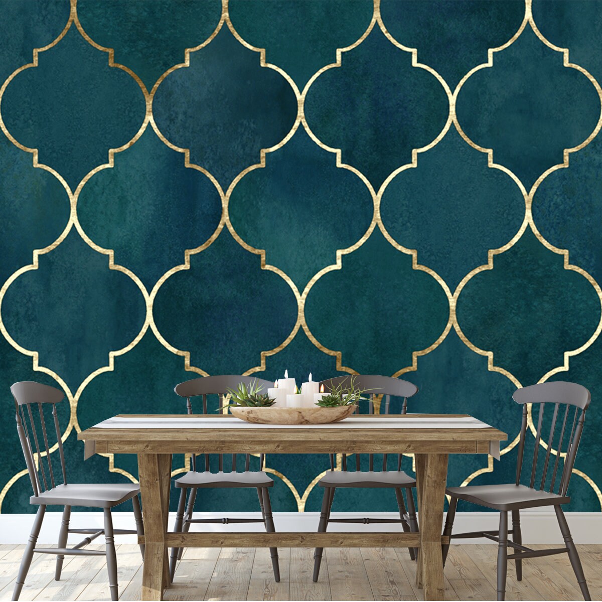 Vintage Decorative Moroccan Seamless Pattern with Gold Line. Watercolor Hand Drawn Dark Green Teal Background Wallpaper Dining Room Mural