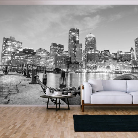 Boston Harbor and Financial District at Twilight, Massachusetts Wallpaper Living Room Mural