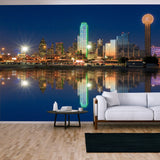 Dallas Skyline Reflected in Trinity River at Sunset, Texas Wallpaper Living Room Mural