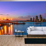 San Diego Cityscape Skyline with Downtown and Waterfront Marina District at Twilight on Background Wallpaper Living Room Mural