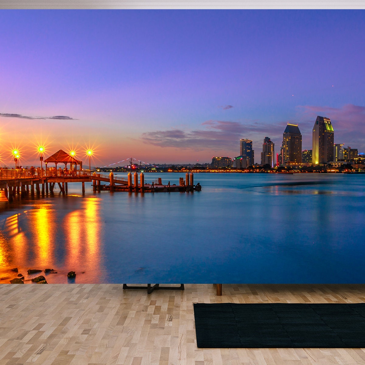 San Diego Cityscape Skyline with Downtown and Waterfront Marina District at Twilight on Background Wallpaper Living Room Mural