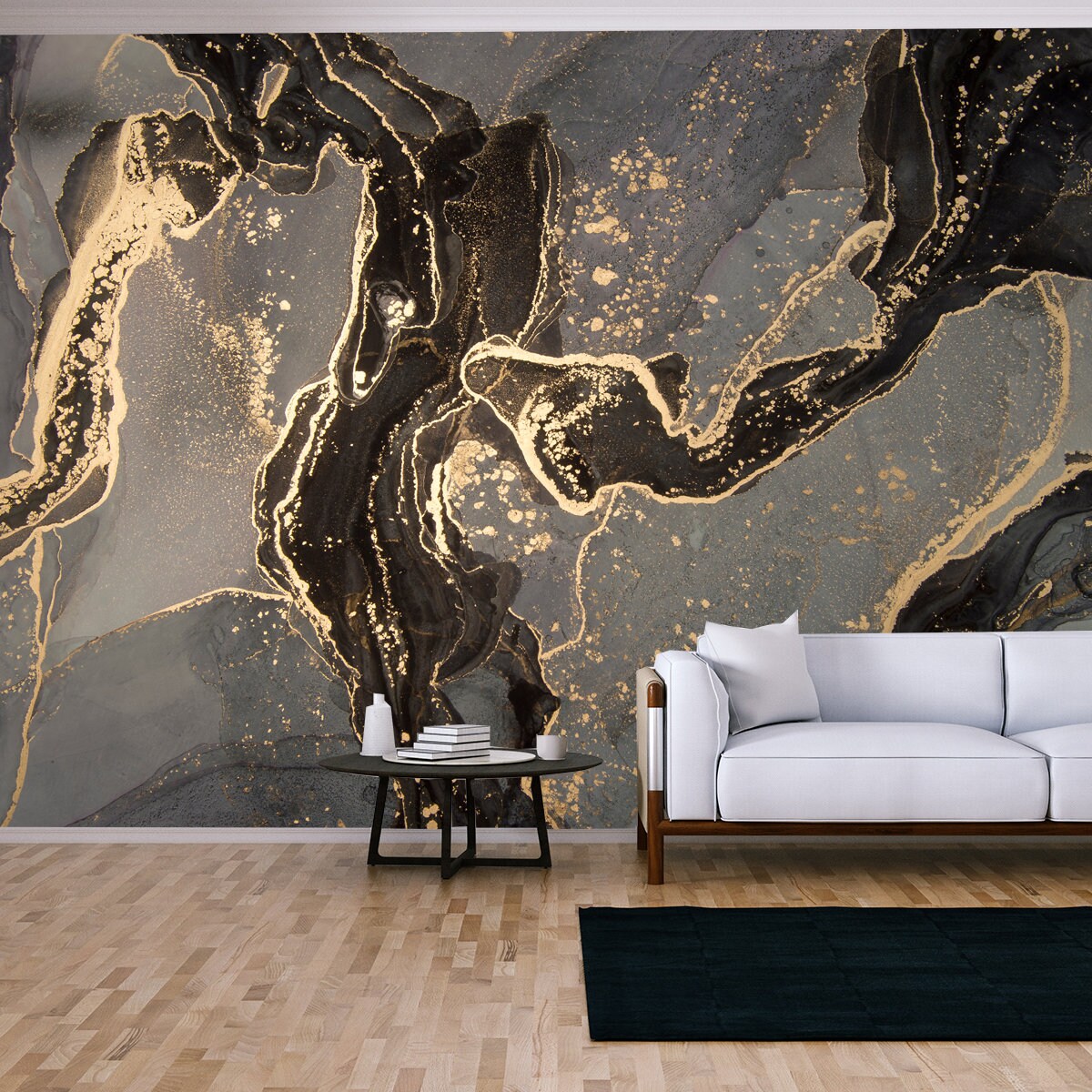 Luxury Abstract Fluid Art Painting in Alcohol Ink Technique, Mixture of Black, Gray and Gold Paints Wallpaper Living Room Mural