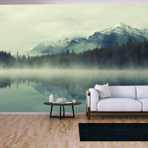 Lake Herbert Panorama in a Foggy Morning with Glaciers Mountain and Reflection in Banff National Park Wallpaper Living Room Mural