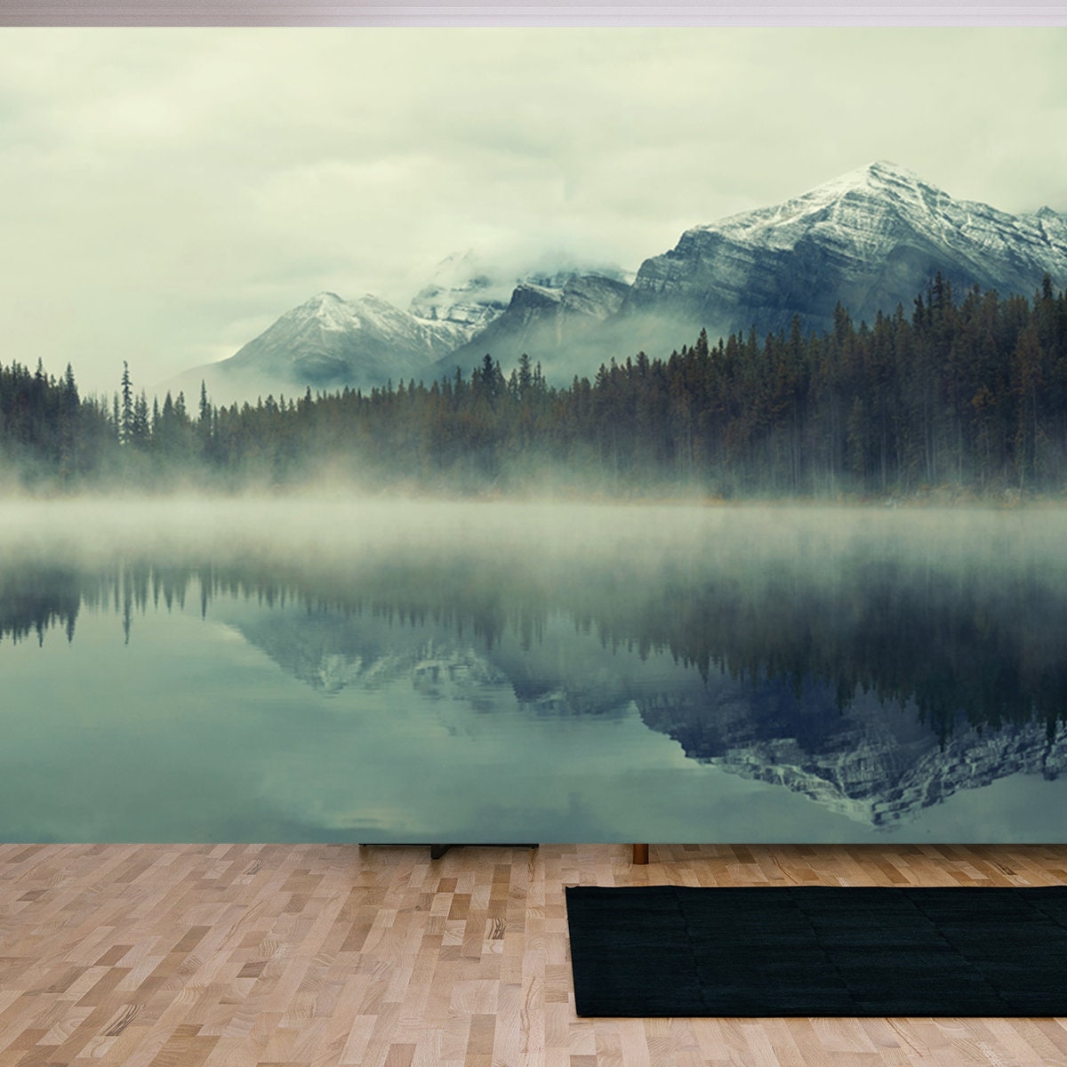 Lake Herbert Panorama in a Foggy Morning with Glaciers Mountain and Reflection in Banff National Park Wallpaper Living Room Mural