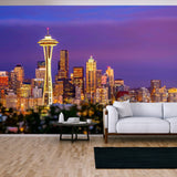 Seattle City Skyline at Dusk. Downtown Seattle Cityscape at Night Wallpaper Living Room Mural