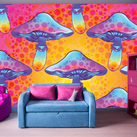 Magic Mushrooms, Psychedelic Hallucination 60s Hippie Colorful Art Wallpaper Girl Bedroom Mural