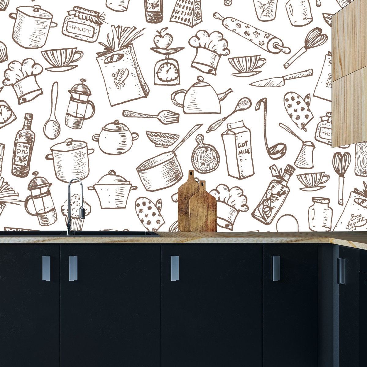 Kitchen doodle Sketch Utensils Hand-Drawn with Ink Wallpaper Kitchen Mural