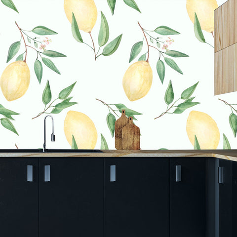 Colorful Fruit Watercolor. Lemons, Twigs on White Background Wallpaper Kitchen Mural