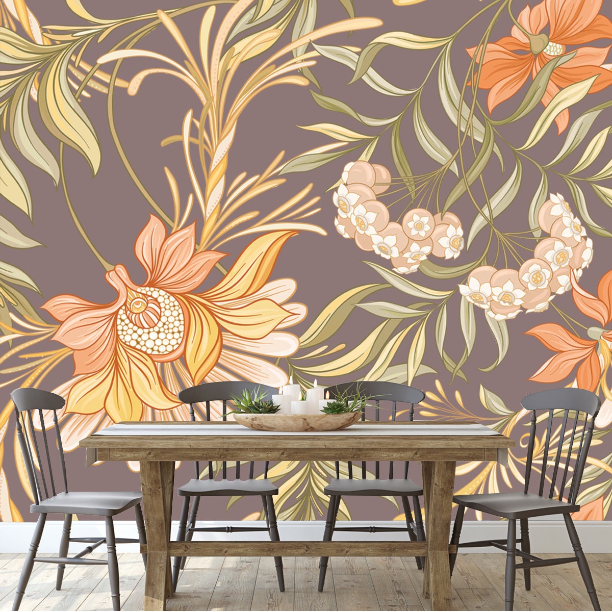 Seamless Pattern, Background with Decorative Flowers in Art Nouveau Style, Vintage, Old, Retro Style Wallpaper Dining Room Mural