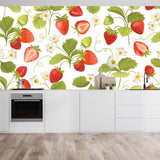 Strawberry Background with Flowers, Wild Berries, Leaves Wallpaper Kitchen Mural