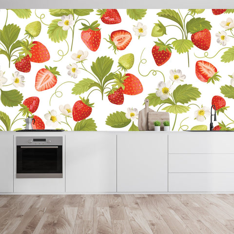 Strawberry Background with Flowers, Wild Berries, Leaves Wallpaper Kitchen Mural